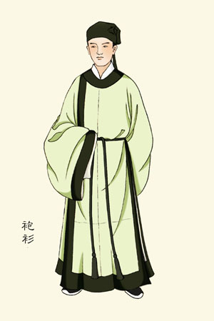 阑衫:圆领袍衫的一种,接衽,衣长至脚踝,为了尊重传统衣裳制,在膝下