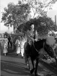 10月30日上午，汉中城东新桥马路上，一拨人马身着汉服，引得沿街的市民纷纷驻足围观，翘首拍摄。仔细细看原是一位汉中小伙迎娶一位远道而来的新娘。