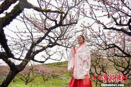 身着汉服的学生在花丛中表演。　通讯员 欧阳常海 摄